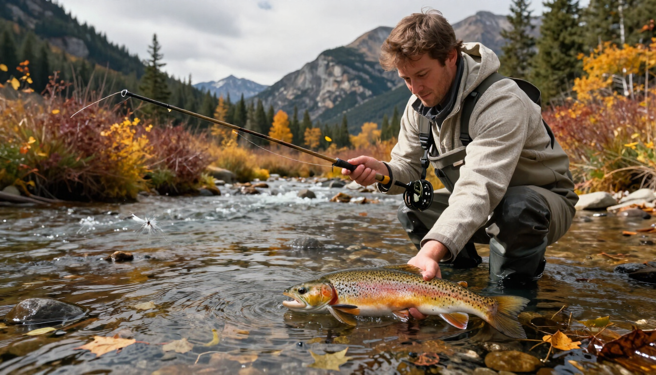 Close up of a fly rod and reel by a clear Montana stream in autumn.