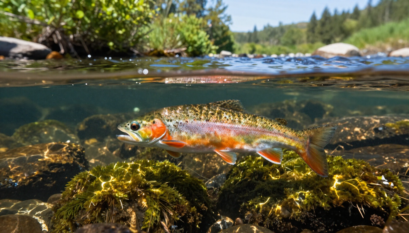 Photorealistic view of a wild trout visible through crystal clear water near a grassy bank