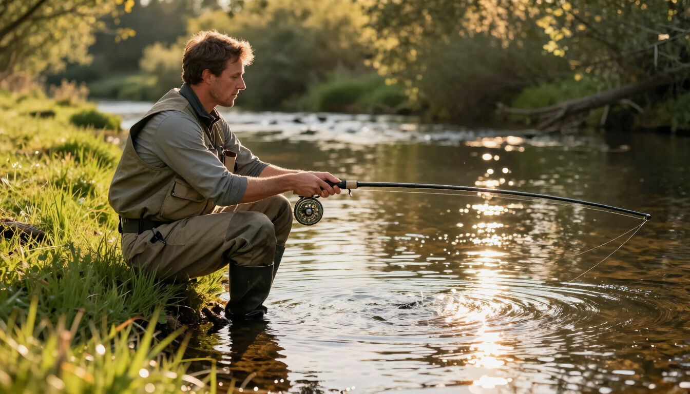 Photorealistic angler making a precise short cast on a mirror-still spring creek at golden hour