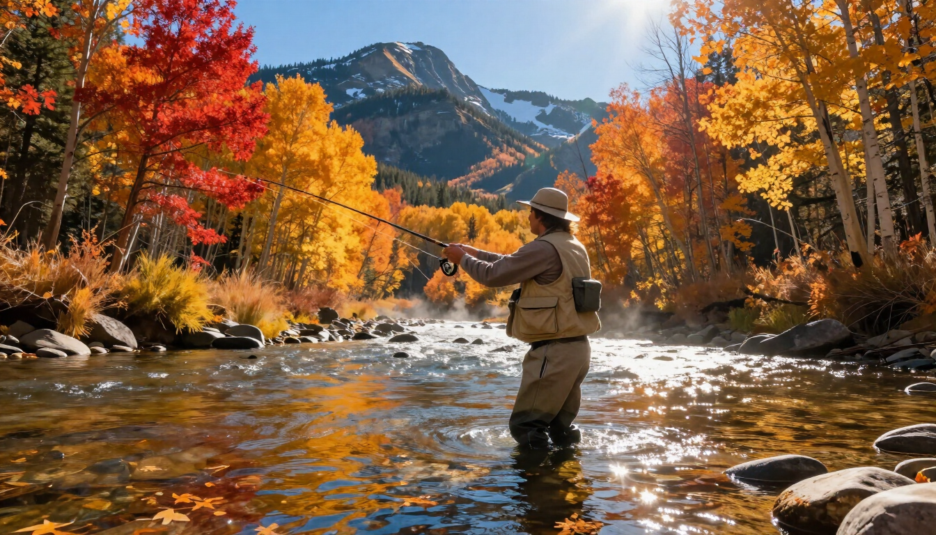 Fly fishing in Yellowstone National Park during the fall season with golden trees.