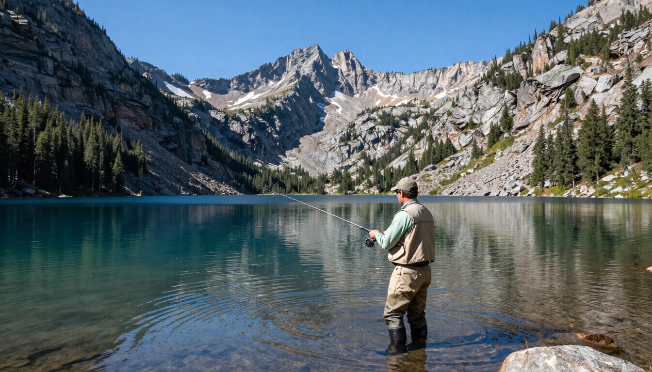 A fly fisherman casting on a glassy Montana high country lake at sunrise.