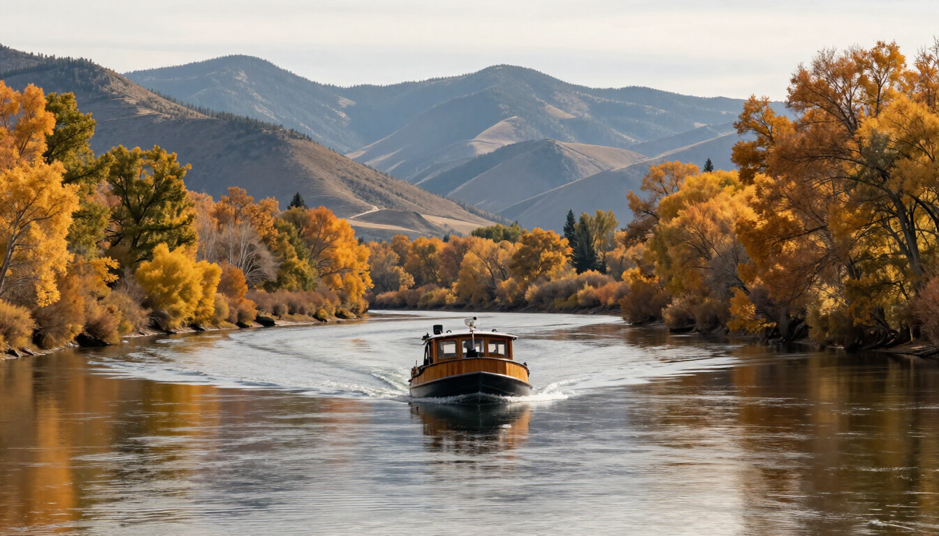Photorealistic autumn drift boat moving through a quiet Montana river beneath golden cottonwoods and layered mountains