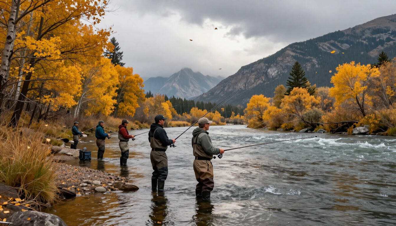 Photorealistic fall Montana riverbank with waders, fly rods, changing weather, golden leaves, and distant rugged mountains