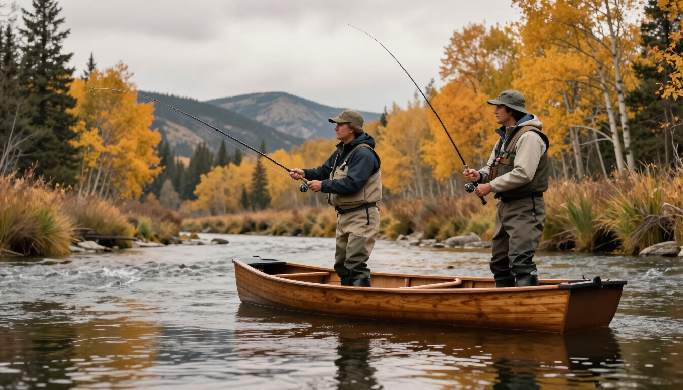 Photorealistic fly angler casting from a drift boat on an autumn Montana river, guide observing from the stern, warm overcast light