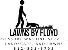 Logo for Lawns by Floyd: black figure pushing mower, with pressure washing, landscaping, and lawns text.