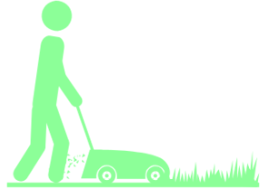 Green stick figure pushing a lawn mower across grass