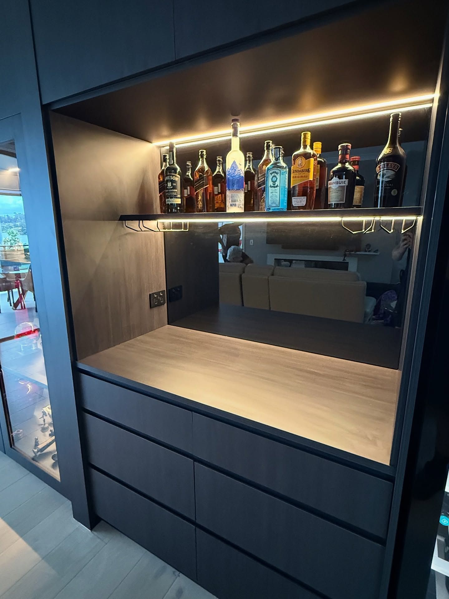Modern Built-in Bar Niche With Liquor Bottles, Under-cabinet Lighting — Sunny State Carpentry and Joinery In Hope Island, QLD