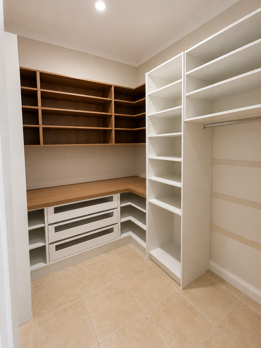 Walk-in closet with white shelving, wood desk, and drawers on a beige floor.
