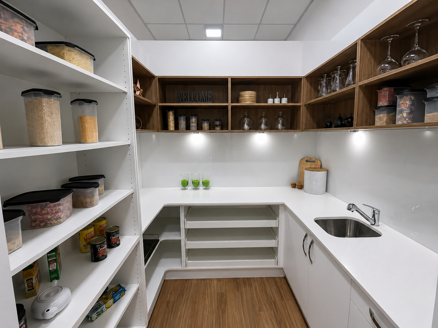 Modern pantry with white countertops, wooden cabinets, open shelves, and a small sink under bright lights