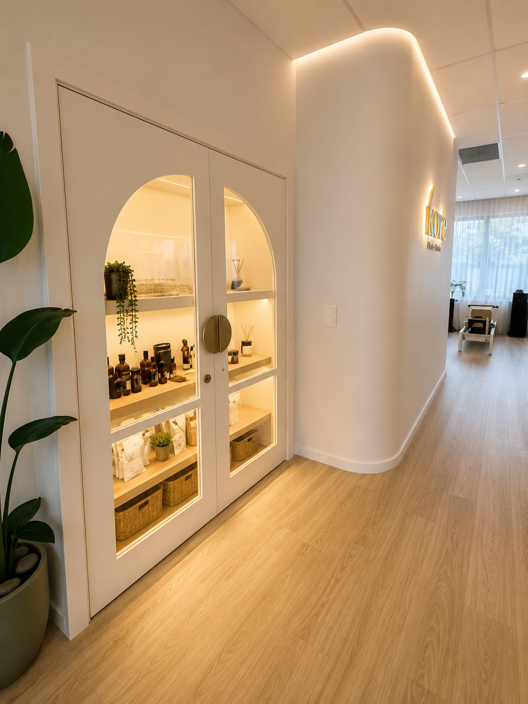 Bright hallway with arched glass cabinet, warm lighting, and light wood flooring