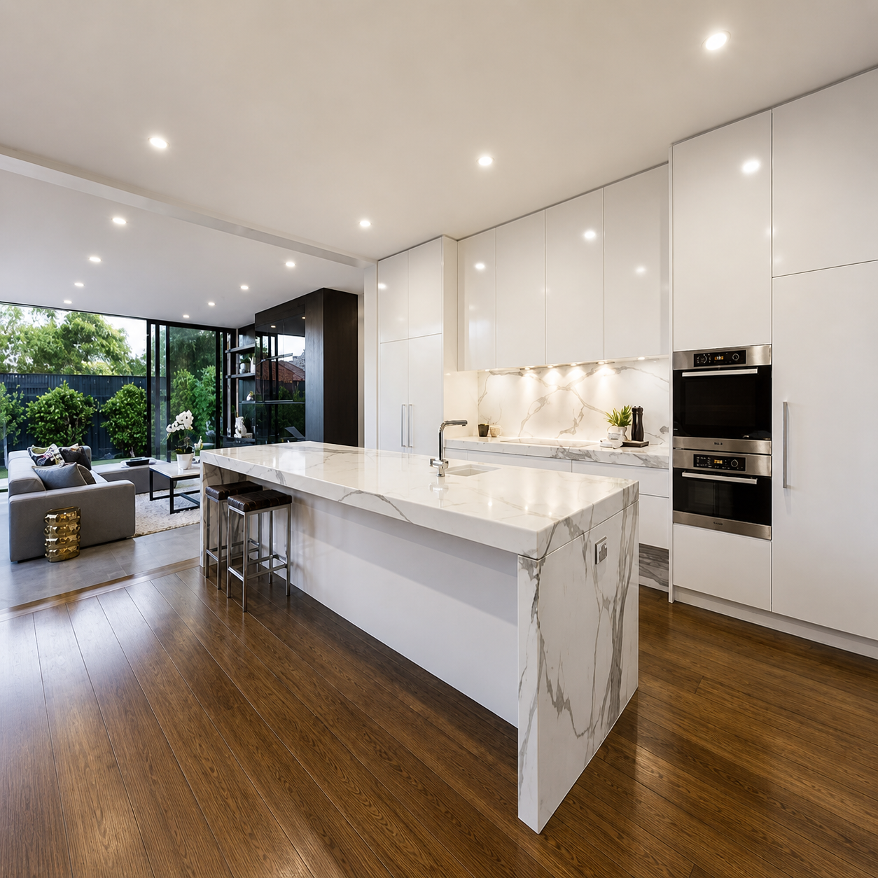 Modern open-plan kitchen with white marble island, dark wood floors, and patio view