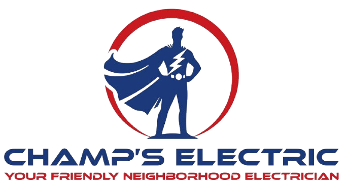 Superhero electrician logo: Blue silhouette inside red circle, cape, lightning bolt, "Champ's Electric".