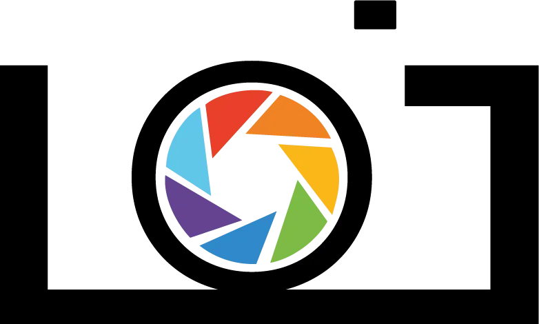 A black camera with a rainbow colored lens.