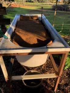 A wooden table with a bucket of dirt on top of it.