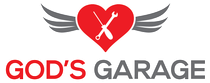 The logo for god 's garage shows a heart with wings and a wrench.