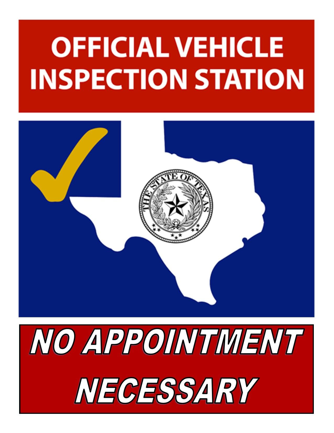A sign that says official vehicle inspection station no appointment necessary