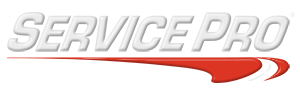 A white and red logo for service pro