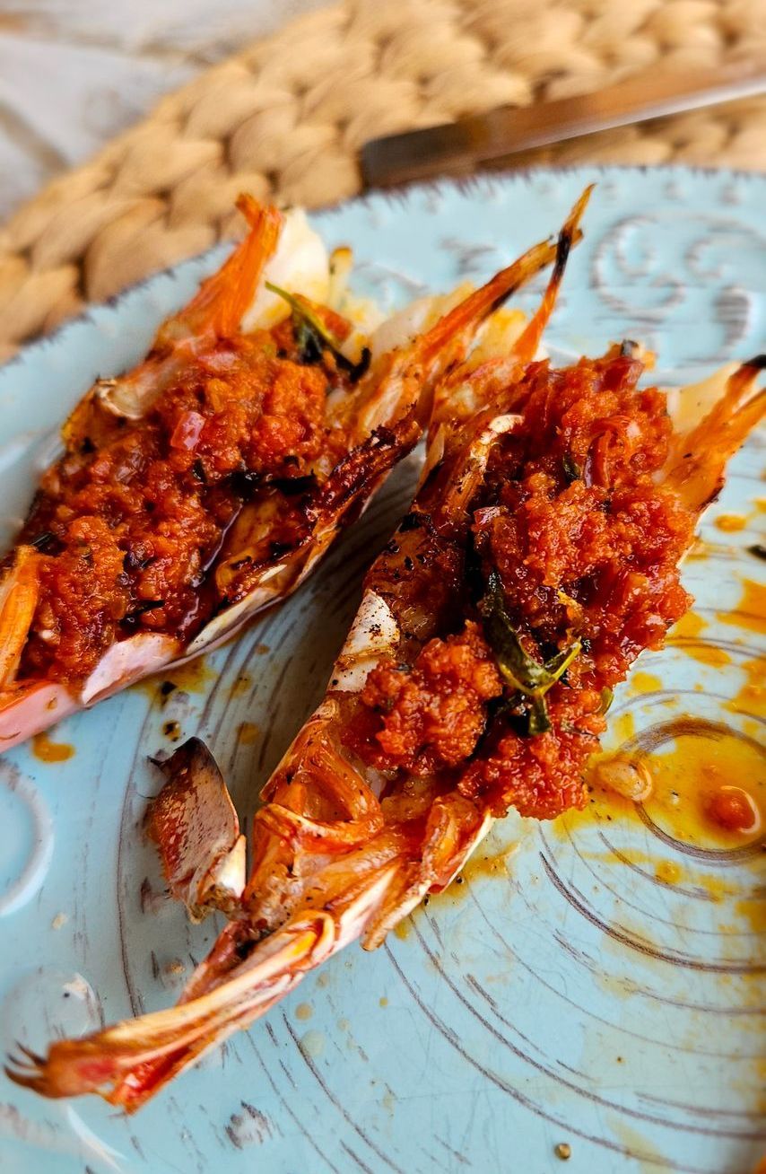 Gevlinderde gamba's met sobrassada