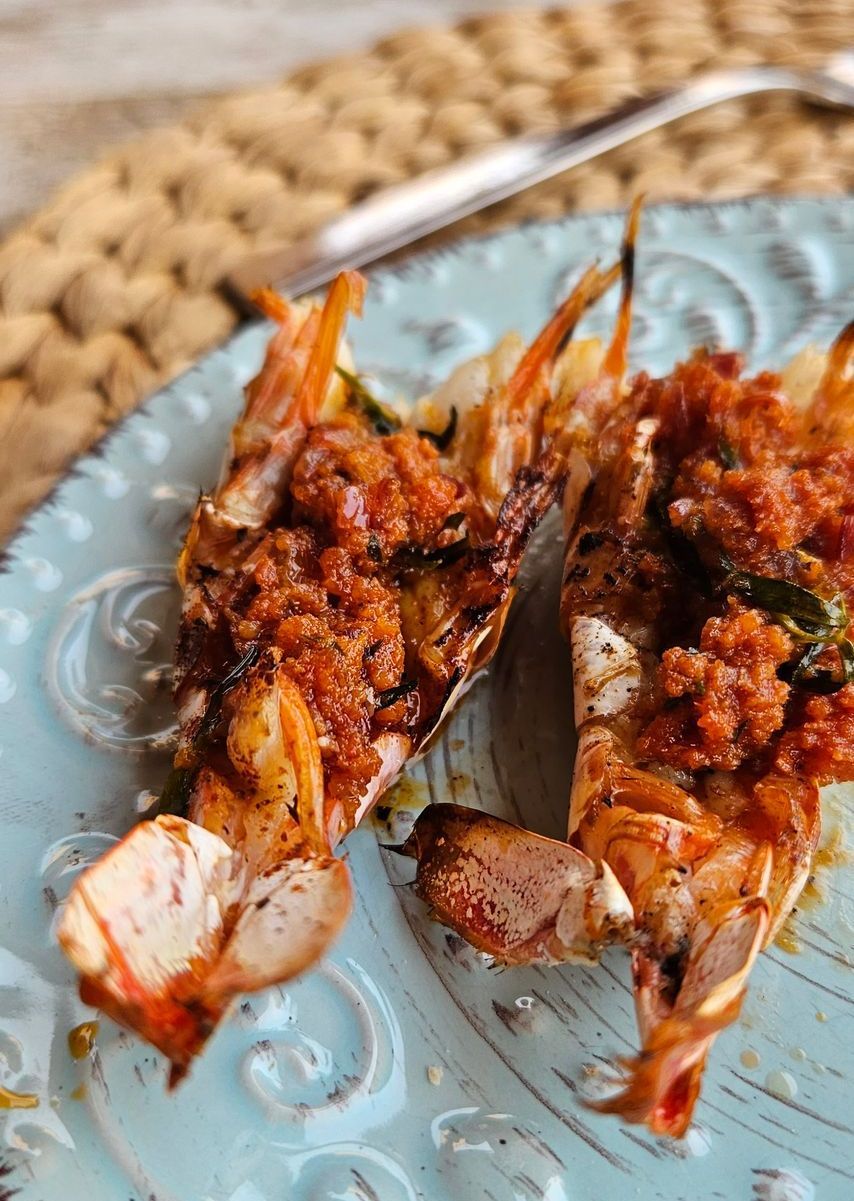 Gevlinderde gamba's met sobrassada