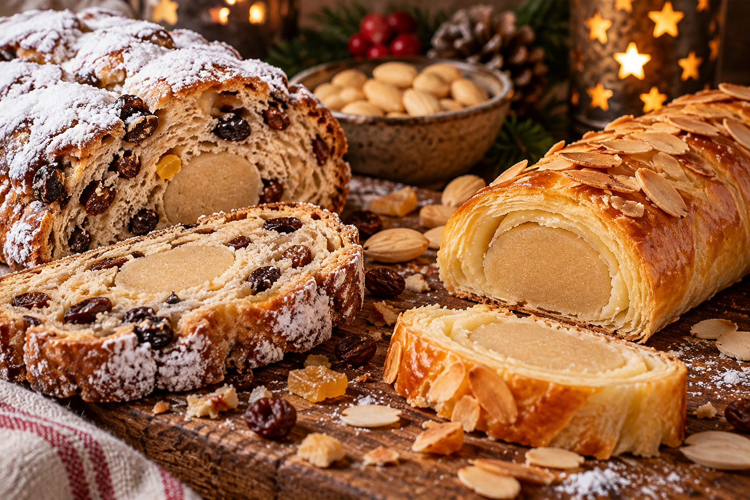 Christmas pastries and sliced stollen dusted with powdered sugar on a festive table
