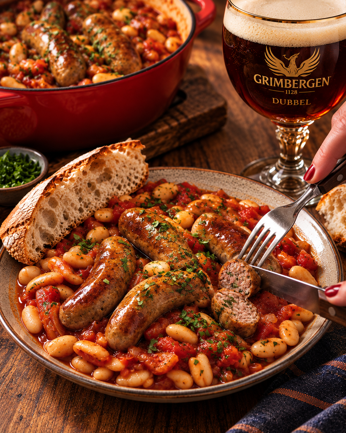 Hearty sausage and beans in a bowl, with a glass of beer and bread on a rustic table