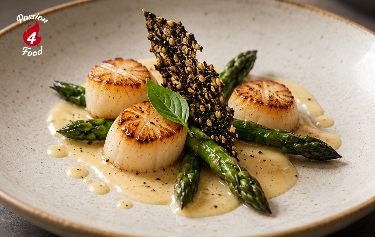 Coquilles en Groene Asperges met Japanse Beurre Blanc