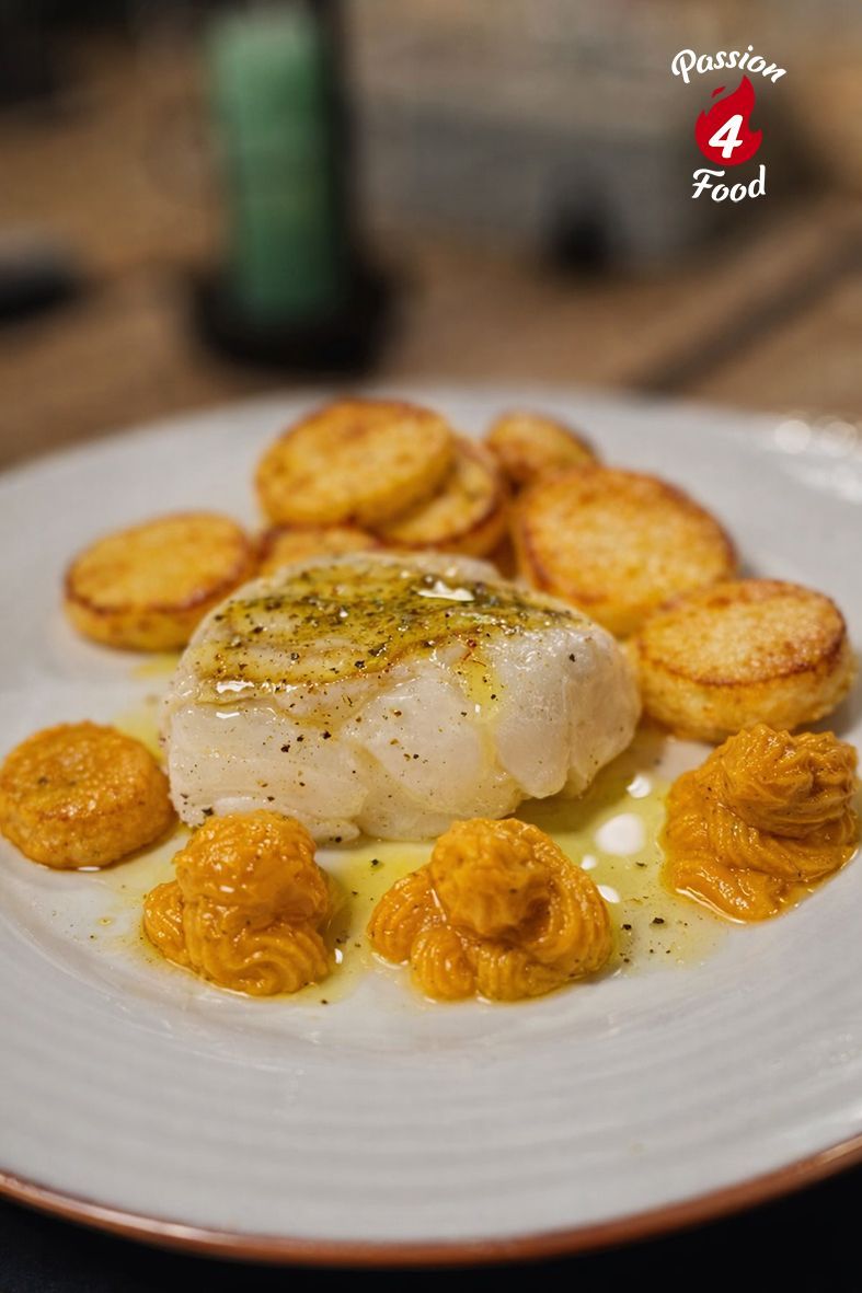 Gekonfijte skrei met pompoencreme