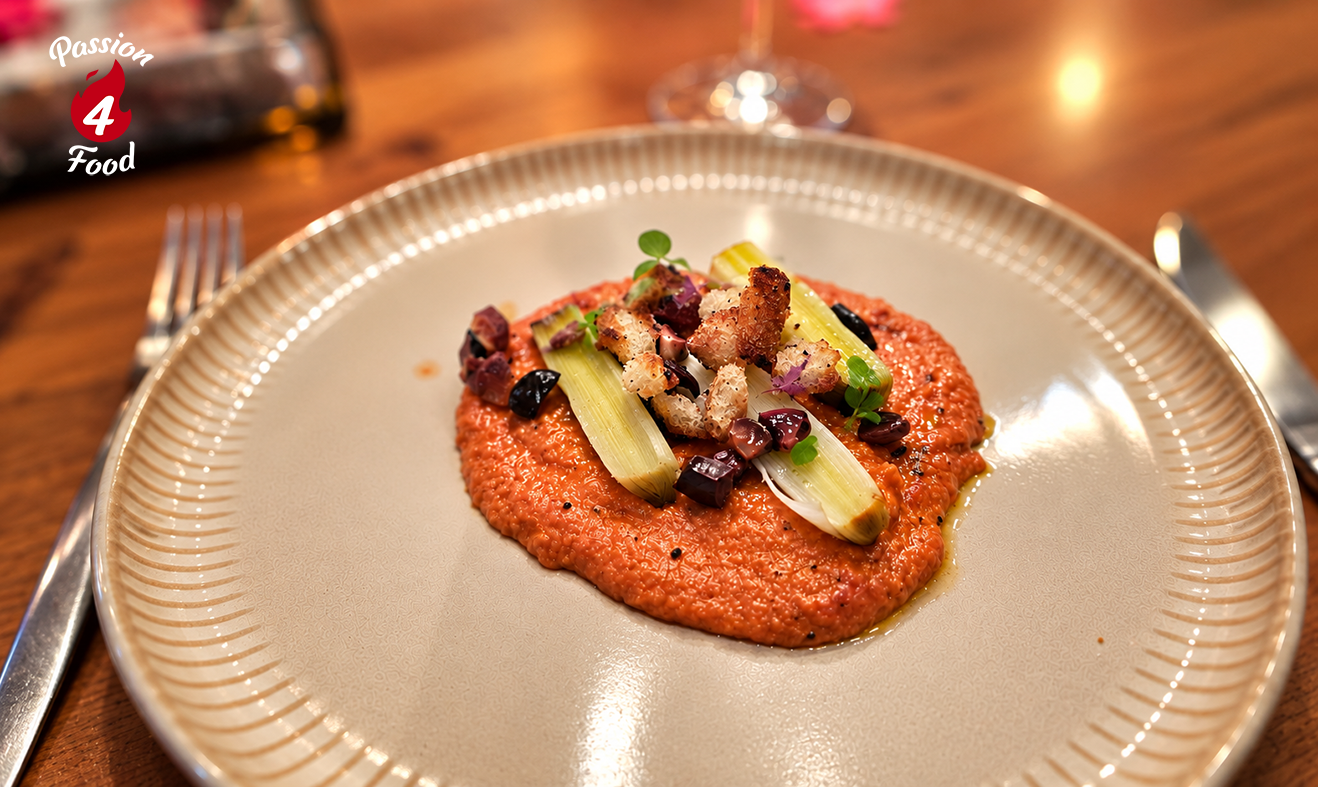Geroosterde Prei met Siciliaanse Paprika-Amandelcrème, Mollica Atturrata en Prei-olie Plated gourmet dish with red sauce, grilled vegetables, and herbs on a white plate in warm restaurant lighting