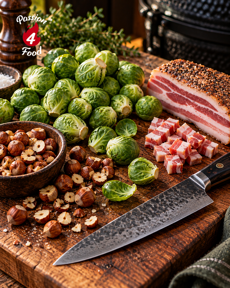 Brussels sprouts, diced bacon, and sliced pork belly on a cutting board with a chef’s knife.