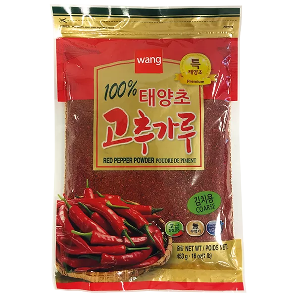 Red pepper powder package with Korean text, red and gold packaging, and chili pepper image
