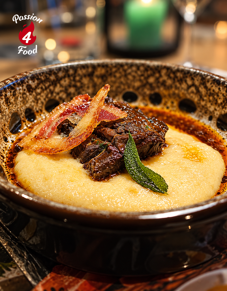 Creamy bowl of savory grits topped with mushrooms and onions in a black bowl