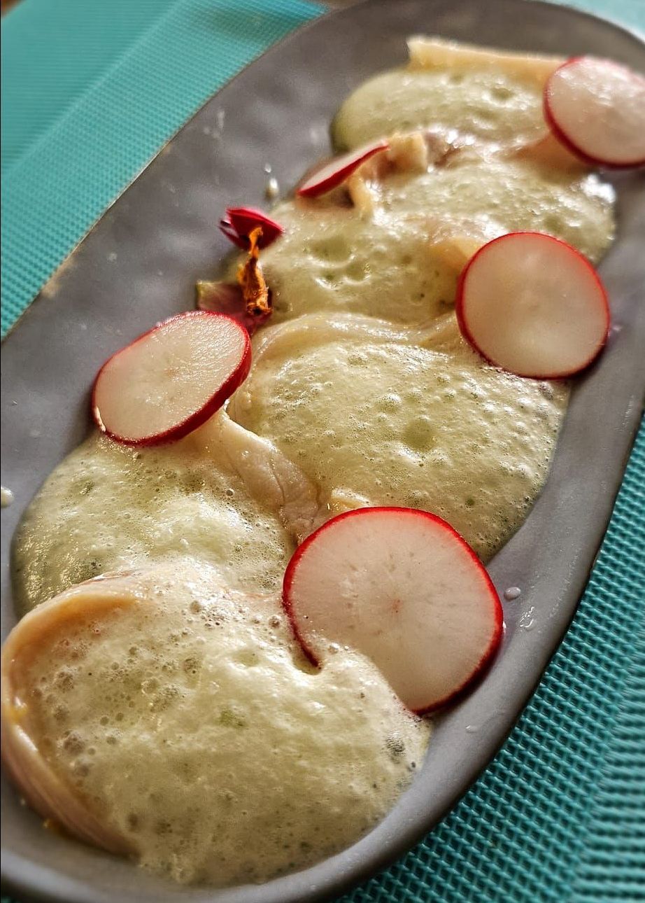 Ceviche van zeebaars en komkommerschuim