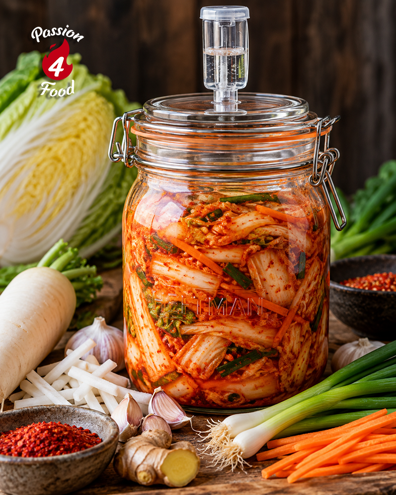 Jar of spicy kimchi surrounded by napa cabbage, radishes, garlic, and green onions