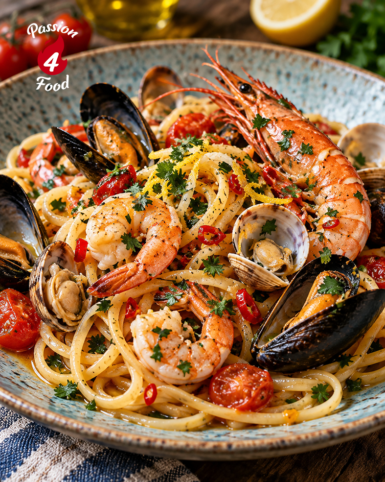Linguine piccanti ai frutti di mare con pomodorini