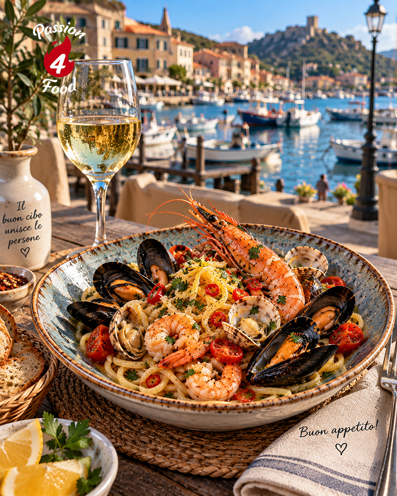 Paella met zeevruchten, mosselen en garnalen, geserveerd aan een tafeltje aan zee, met wijn en uitzicht op de haven.
