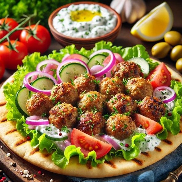 Pita met Griekse gehaktballetjes Pita met Griekse gehaktballetjes