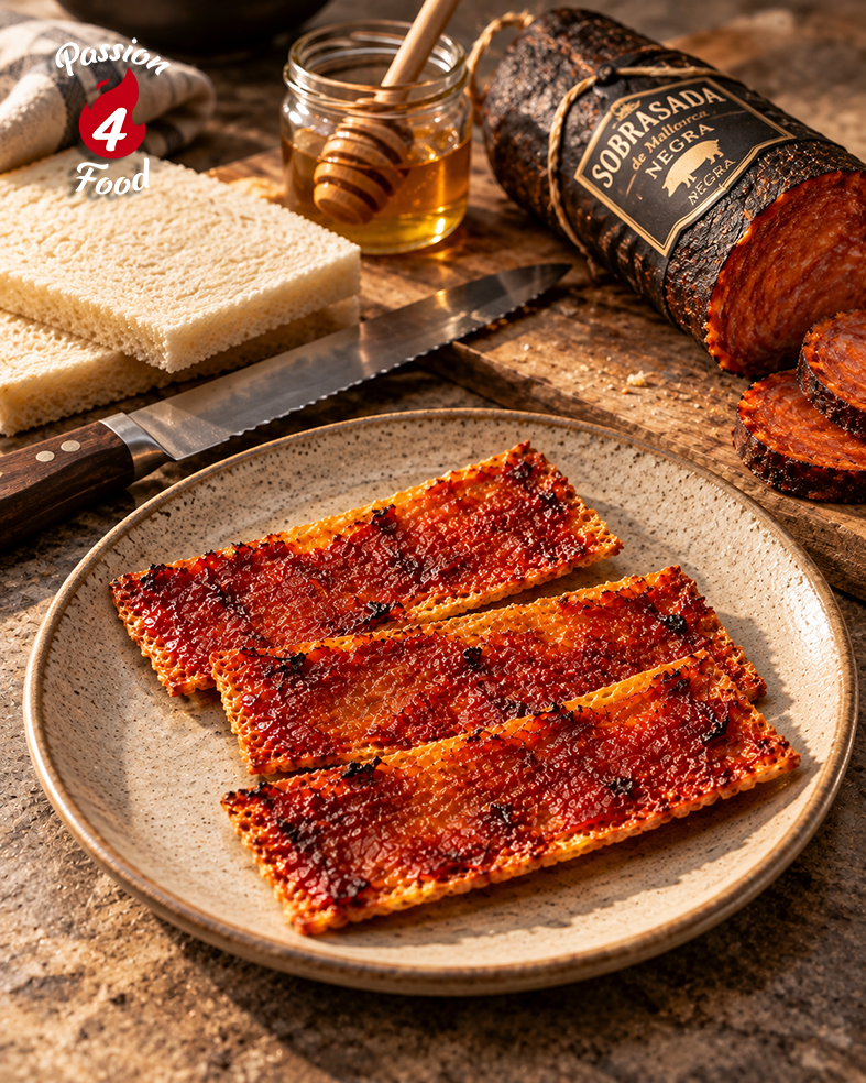 Grilled red seasoning-coated meat slices on a plate with bread, honey, and a bottle on a rustic table