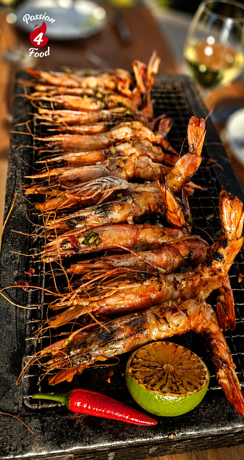 Gegrilde Vietnamese garnalen op een grill met limoen, rode chili en dipsaus.