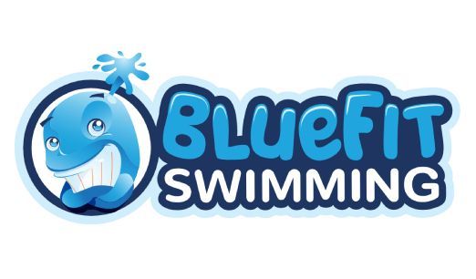 BlueFit Swimming logo with a blue smiling dolphin and bold blue-and-black text