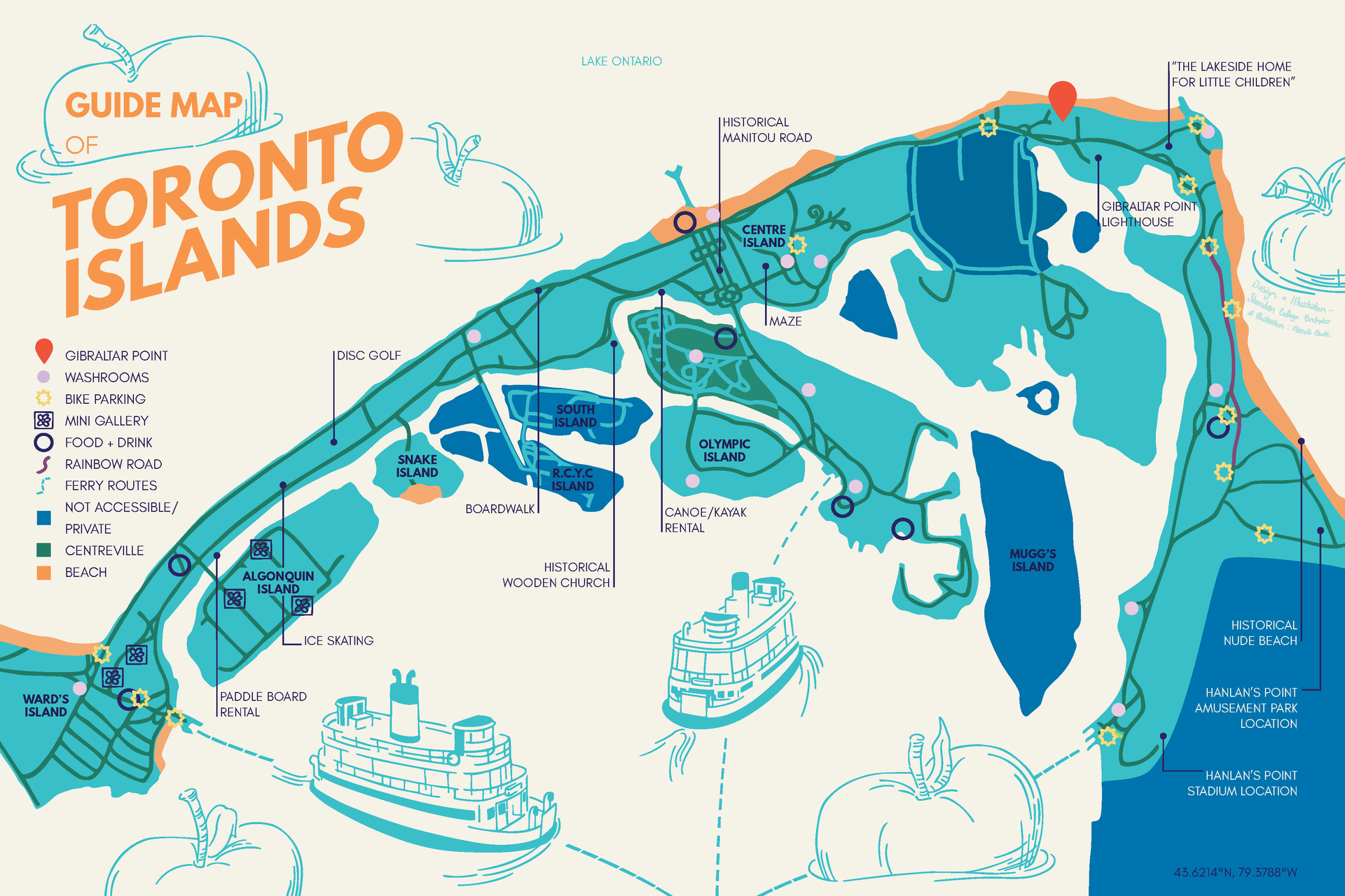 Map of Toronto Islands, featuring landmarks, ferry routes, and park areas.
