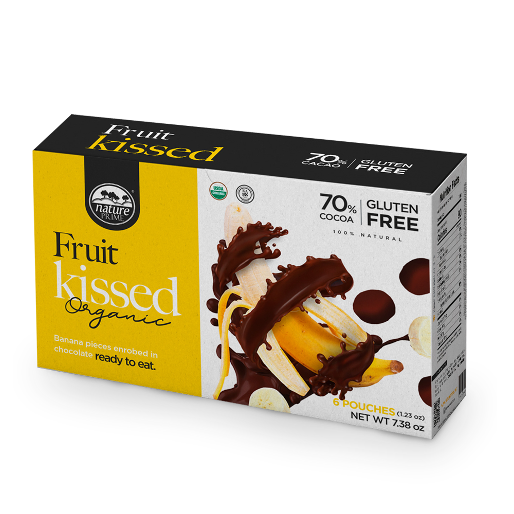 Una caja de plátanos cubiertos con chocolate orgánico y besados con frutas.