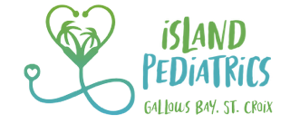 Island Pediatrics logo with green heart and blue stethoscope, Gallows Bay, St. Croix