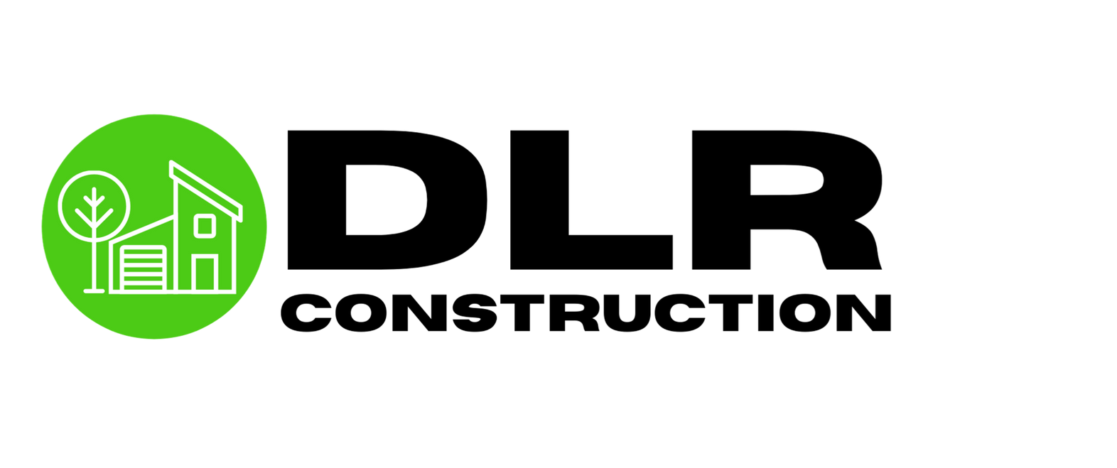 A logo for dlr construction with a house and trees in a green circle.