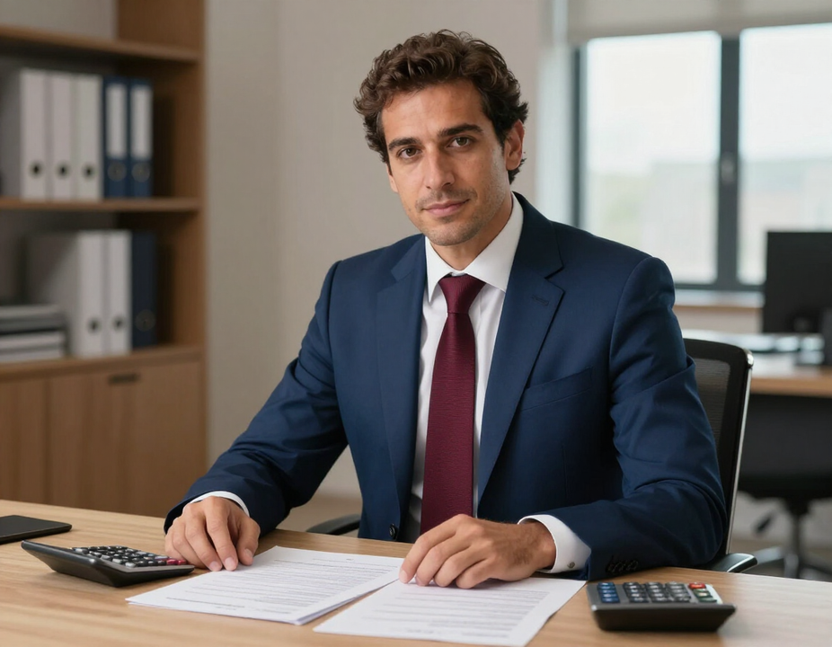 Un uomo in abito blu è seduto a una scrivania con documenti, calcolatrice e computer in un ufficio.