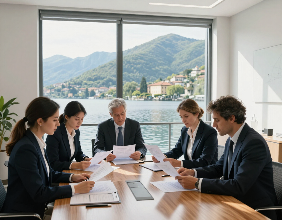 Cinque persone in abiti formali esaminano dei documenti a un tavolo da conferenza accanto a una grande finestra con vista sul lago.