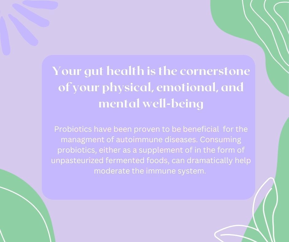 Pastel purple health infographic with quote on gut health and probiotics, framed by green leaves.