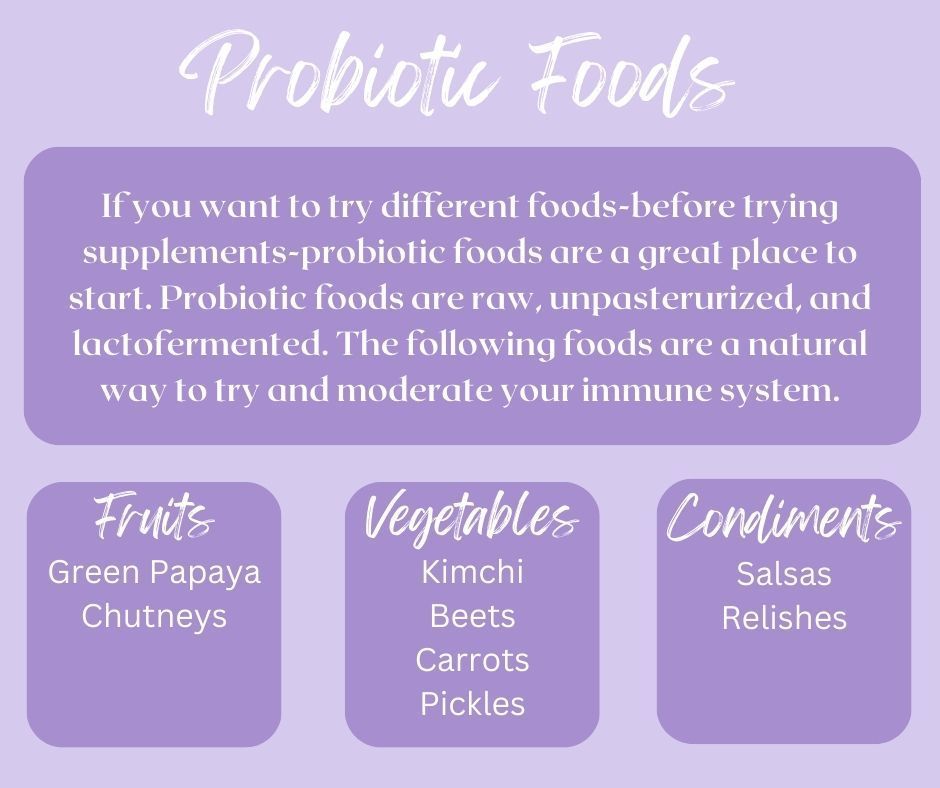 Purple infographic on probiotic foods: fruits, vegetables, and condiments to try first