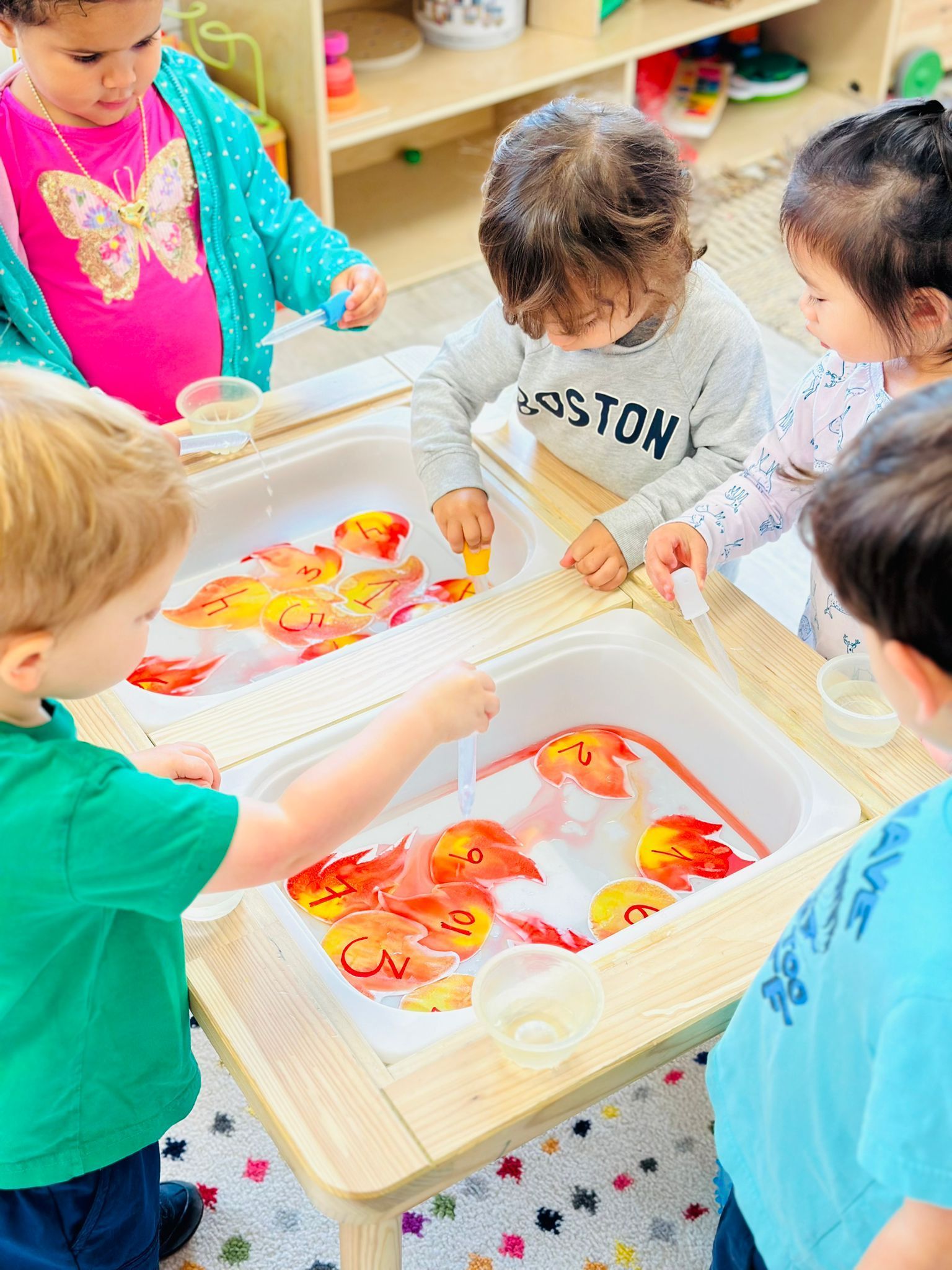 A group of children are playing with water and leaves in a sensory bin.