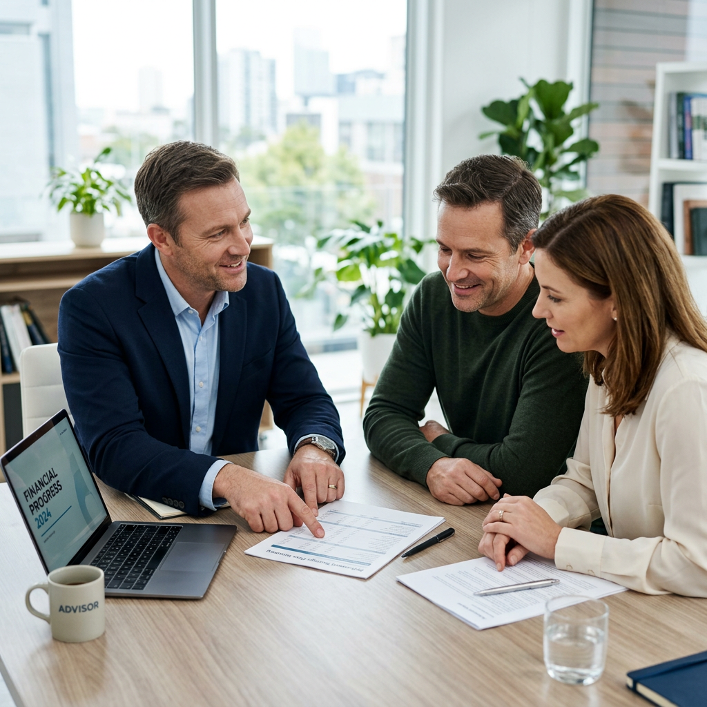 Timeshare exit advisor reviewing contract options with couple during free consultation
