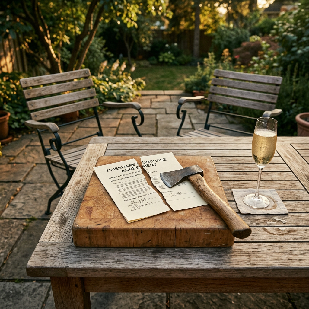 Timeshare vacation ownership agreement split by axe on outdoor table — symbolizing legal timeshare contract exit